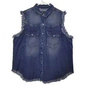 Alivia Ford Womens Distressed Denim Sleeveless Button-Up Shirt Size 2X With Fray